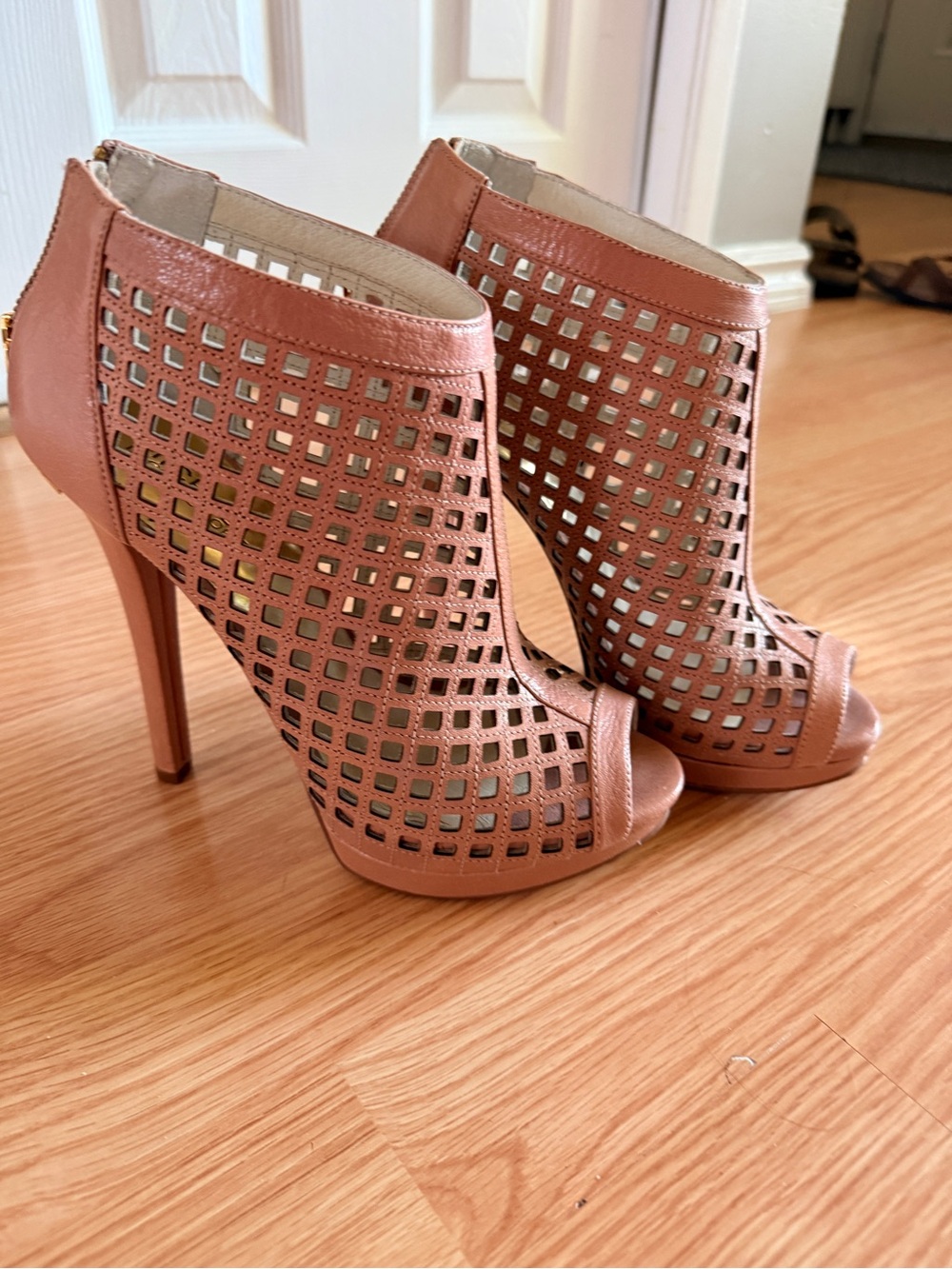 Michael Kors Blush Tan Perforated Open-Toe Stiletto Booties